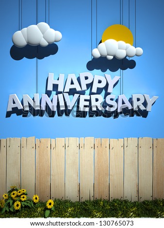 3D rendering of a wooden fence with a blue sky and happy anniversary with sun and clouds hanging from strings