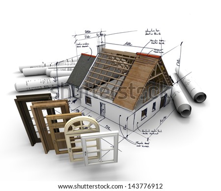 A house under construction, with blueprints and a selection of windows and doors