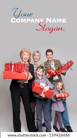 Happy family members holding gift boxes in different shapes