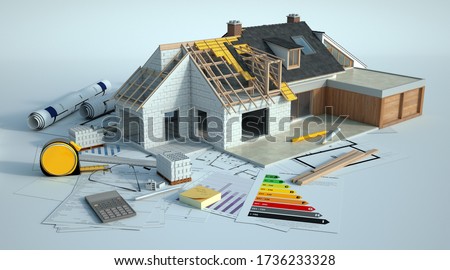 3D rendering of a house undergoing amplifying renovations there is dummy text in the chart and the French words in the plans are room, bathroom, converted attic and terrace