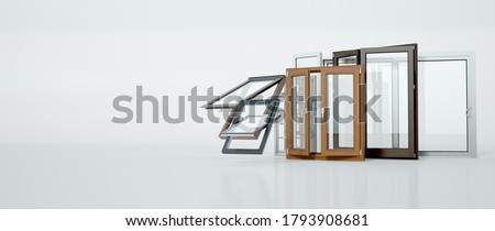 3D rendering of a selection of windows of different types and styles