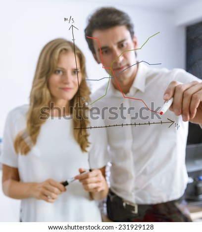 Businessman with female colleague drawing a chart in a glass wall