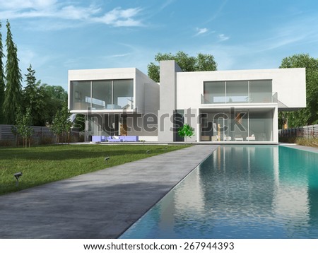 External view of a contemporary house with pool, 3D rendering
