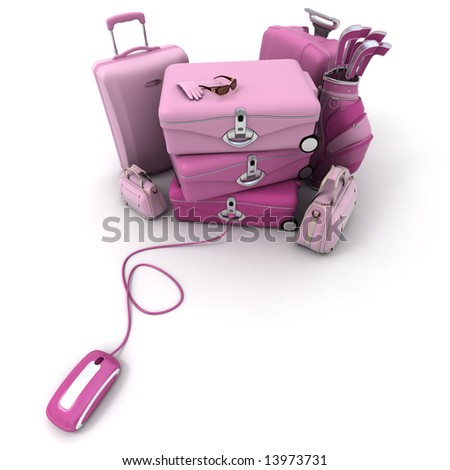 Huge pink luggage including suitcases, briefcases, golf bag, connected to a computer mouse.