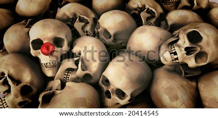 Pile of skulls, one of them with a clown?s nose