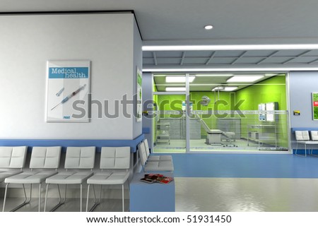 3D rendering of a clinics waiting room with an operating room in the background