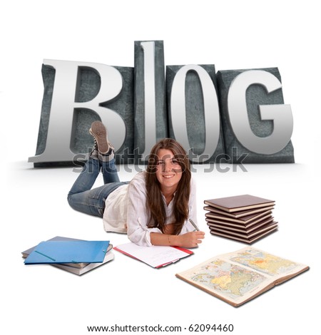 Isolated image of a Young girl studying lying on the floor with BLOG written on the background