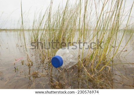 Empty plastic bottle illegal dumped and disposed, floating in water of river or lake between grass, polluting of wilderness environment, sky and horizon as outdoor blurred background and copy space.