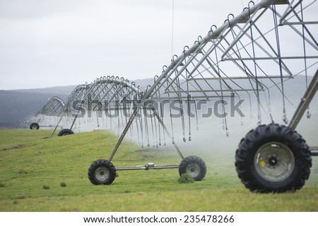 Irrigation by pivot sprinkler and spray system on green grass field or meadow on rural agricultural farm land, copy space.
