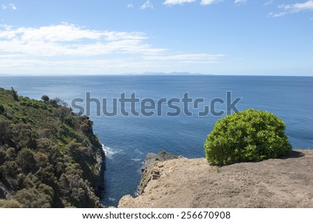 Scenic Lookout from steep cliff on Maria Island National Park, Tasmania, Australia, over ocean to mountain range of Freycinet Peninsula at horizon, copy space.
