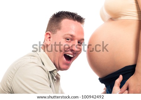 Happy Excited Expectant Father And Pregnant Woman Belly, Isolated On ...