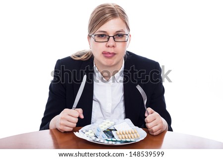 Woman going to eat pharmaceuticals, pills addiction concept, isolated on white background.