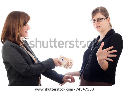 Two corrupted business women bribe with Euro bank notes, isolated on white background.