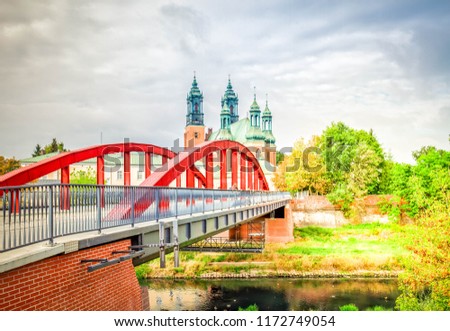 Jordan bishop Bridge and old cathedral church , Poznan, Poland, retro toned Zdjęcia stock © 