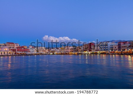 venetian habour of Chania with historical houses at night, Crete, Greece