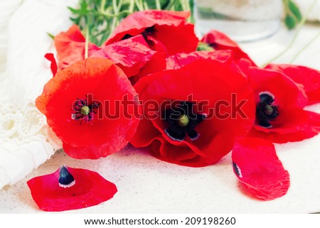 red fresh  poppy flowers laying on table, toned