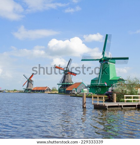 view of dutch windmills in Zaanse Schans, Holland