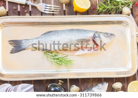 One Seabass raw fish on silver tray