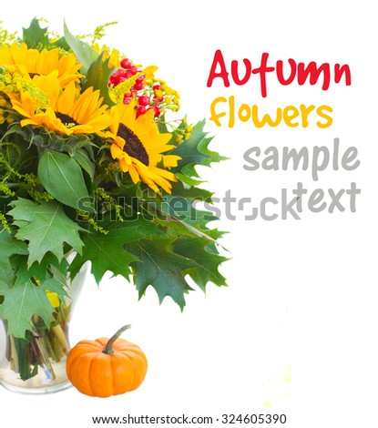 Bouquet of sunflowers with green leaves in vase close up isolated on white background