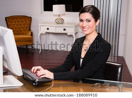 Attractive Intellectual Business Woman Greeting Customers Office Lobby Desk