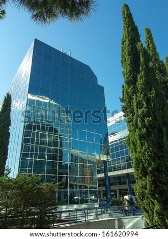 MADRID, SPAIN OCT 15: Modern building with glass architecture on October 15 2012, In one of the most modern financial areas of Madrid, recently premiered this modern complex of offices for rent.