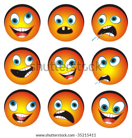 Collection Of Nine Cartoon Funny Faces On White Background. Stock ...