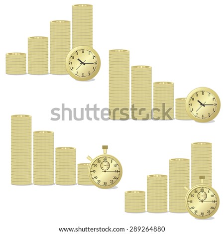 Golden coins and golden clock on the white background.