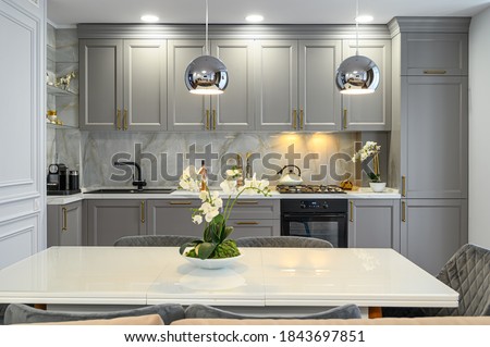 Grey and white contemporary classic kitchen interior with dining table designed in modern style, front view