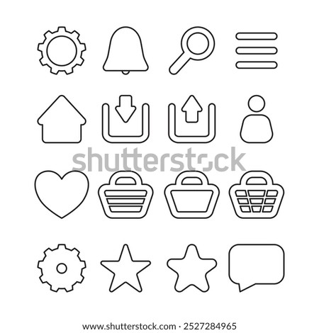 Set of icons foe app and website. Magnifying glass, setting icon, notification, home, download, upload, user profile icon, like, chat, shopping basket, heart, star, gear, wrench, arrow.