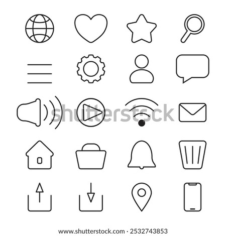 Set of icons for interface. Web icons, email, gear, user, volume, download, upload, video, trash bin, web, magnificent glass, internet, wifi, heart, favorite.