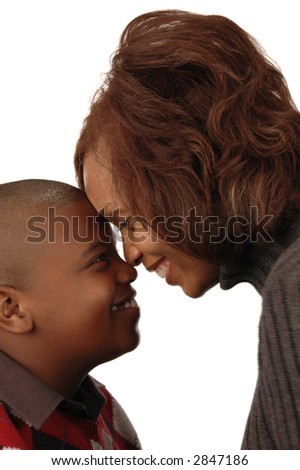 African american mother and son smiling looking at each other against white background