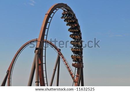 Roller coaster with loops against a blue sky