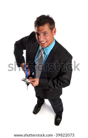 Businessman cutting credit card isolated on a white background