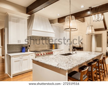 Home Kitchen with Island, Sink, Cabinets, and Hardwood Floors in New Luxury House