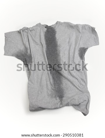A grey t-shirt with sweat stains under sleeves and through the torso.