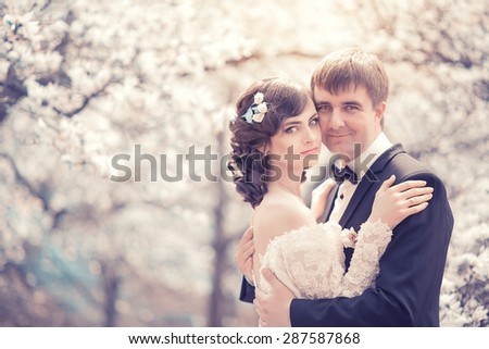 Beautiful couple in wedding attire in a lush garden in the spring, an unusual magical toning