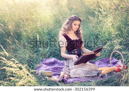 Girl reading a book in the garden, vintage, French Provence