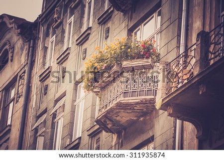 Beautiful old balcony in the old house, Lviv, Ukraine