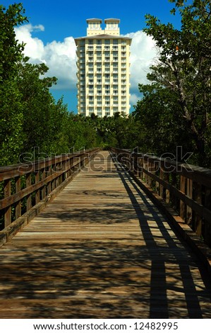 View of the Hyatt hotel from inside the mangrove reserve, Bonita Springs, Florida, USA.