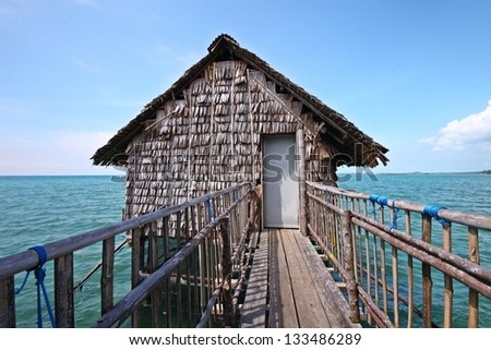 Beautiful Kelong in Indonesia, floating house on wooden platform over sea
