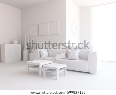 white living room interior with sofa and white landscape in window ... white living room interior with sofa and white landscape in window ...