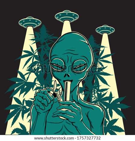 ALIEN SMOKING WITH BONG AND UFO