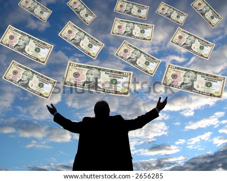 Ten dollar bills falling from the sky into a man\'s open arms.