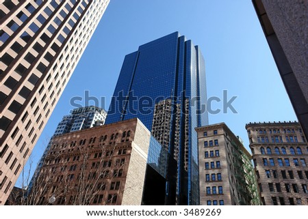 wide angle perspective of boston\'s financial district, downtown boston