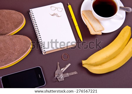 Kit of student, teenager, young woman or guy. Different objects on brown background. Morning coffee. Place for text. Hipster style.