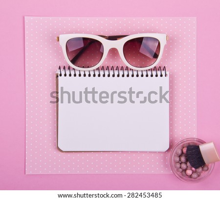 Mock up for blogs, fashion magazines, web on pink polka dots background