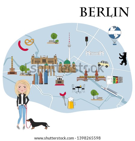 Map with landmarks and symbols of Berlin such as Reichstag, Brandenburg Gate, TV Tower, Berlin Cathedral - Vector