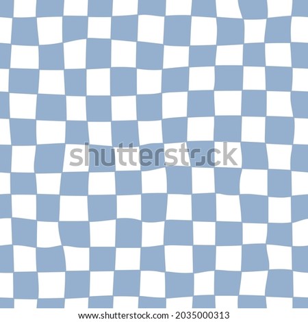 Distorted checkered seamless pattern. Hand-drawn blue check. Trendy 70s style.