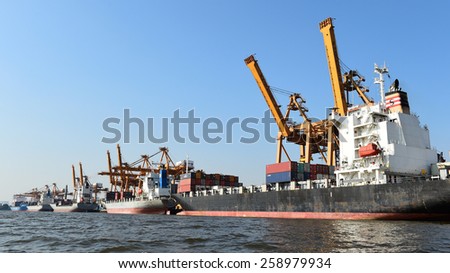 BANGKOK, February 26,2015: Port Authority of Thailand Klongtoey. The biggest port in Bangkok with loaded freight ship and cargo handling equipment on the side of Chao Phraya river. Bangkok,Thailand.