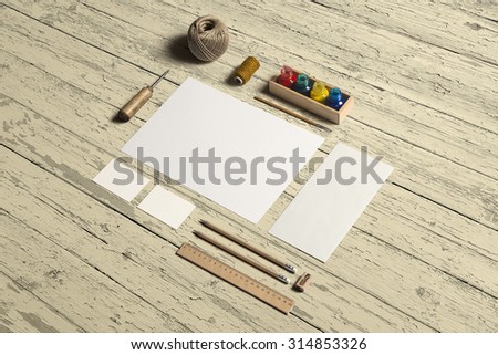 Art and Craft Stationery, Branding Mock-up, with clipping path, isolated, changeable wooden background.